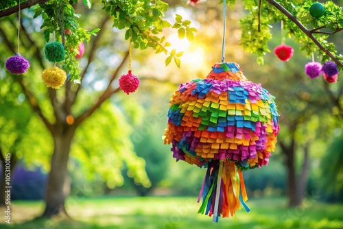 A colorful and lively pi?ata filled with candy and confetti hanging from a tree branch, hanging, balloons photo