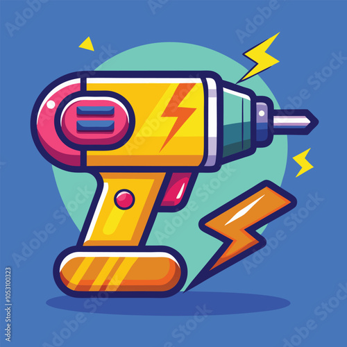 A cartoon illustration of a bright yellow cordless drill with a pink handle and a lightning bolt graphic.