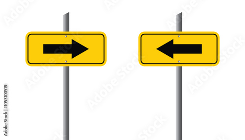 Set of yellow road signs. display board with arrow. left and right direction sign on the road. traffic sign. road symbol. vector illustration