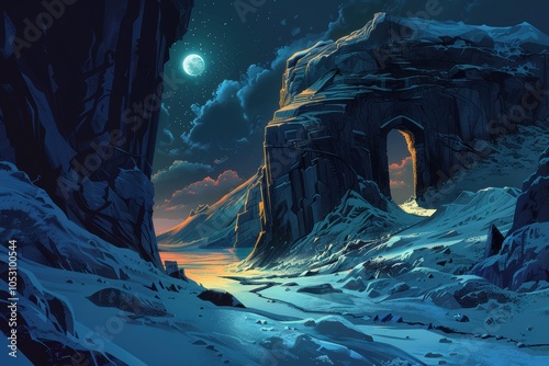 Snowy Mountain Landscape Under a Night Sky