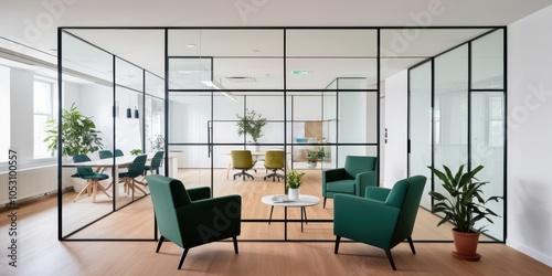 Modern open plan office space, minimalist design, glass partition walls, wooden floors, green velvet armchairs, indoor plants, white brick walls, natural lighting, sleek furniture, contemporary worksp photo