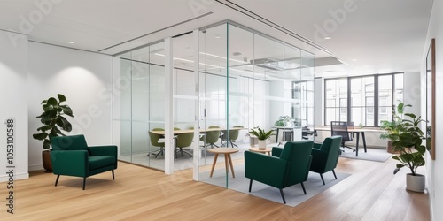 Modern open plan office space, minimalist design, glass partition walls, wooden floors, green velvet armchairs, indoor plants, white brick walls, natural lighting, sleek furniture, contemporary worksp photo