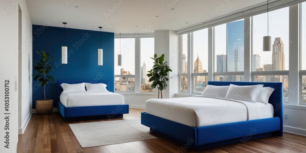 Fototapeta premium Modern bedroom interior, navy blue accent wall, three white beds, pendant lights, large windows, city view, hardwood floor, potted plant, minimalist design, contemporary decor, spacious room, white wa