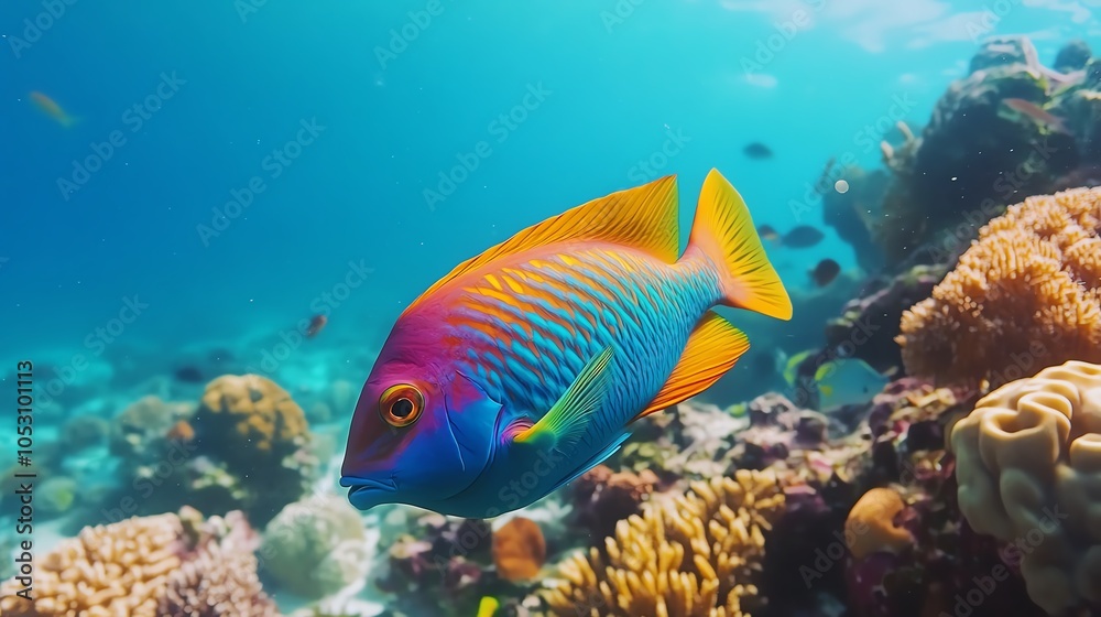 Fototapeta premium A vibrant fish swimming gracefully through a stunning coral reef habitat, showcasing beautiful colors and marine life diversity.