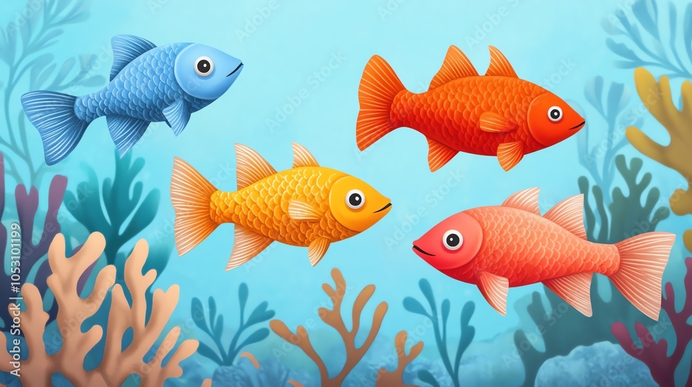 Fototapeta premium Colorful cartoon fish swimming in vibrant ocean water surrounded by coral. Perfect for children's illustrations and marine themes.