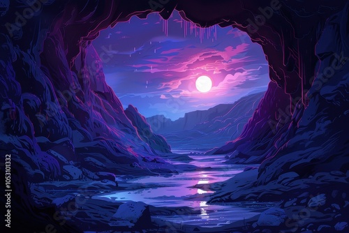 Cave Entrance Leading to a Mystical Sunset