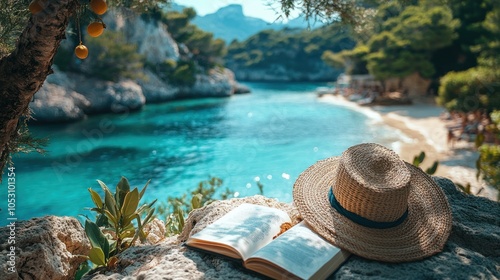 A serene beach scene with a book and a straw hat by the water.