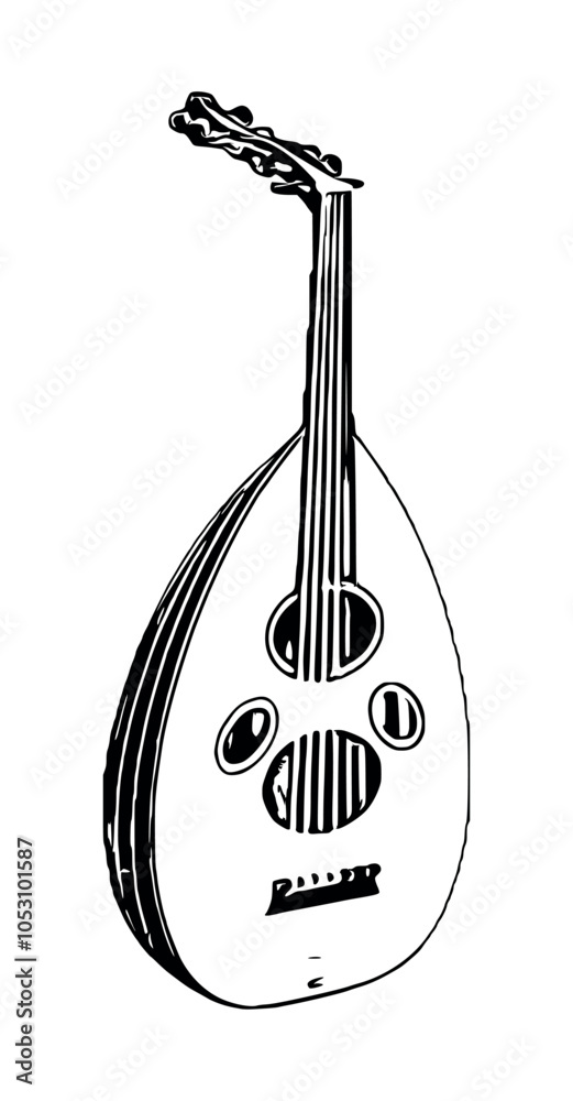 Musical instrument oud drawing. Authentic music.