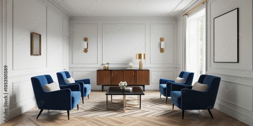 Fototapeta premium Luxurious living room, white textured walls, blue velvet armchairs, white sofa, black coffee table, gold accents, wall sconces, wooden floor, minimalist artwork, elegant interior design, symmetrical l