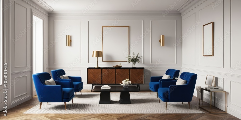 Fototapeta premium Luxurious living room, classical white wall paneling, ornate moldings, large window, bright natural light, royal blue velvet armchairs, wooden coffee table, gold sconce lighting, hardwood floors, eleg