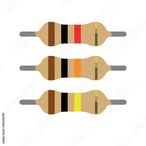 Electronic component resistors. Color coded resistors with different values.
