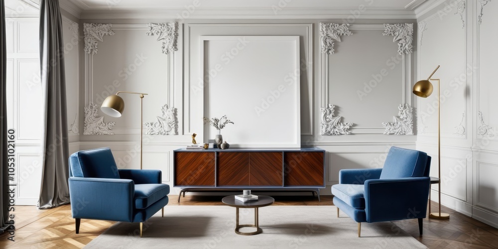 Fototapeta premium Luxurious living room, classical white wall paneling, ornate moldings, large window, bright natural light, royal blue velvet armchairs, wooden coffee table, gold sconce lighting, hardwood floors, eleg