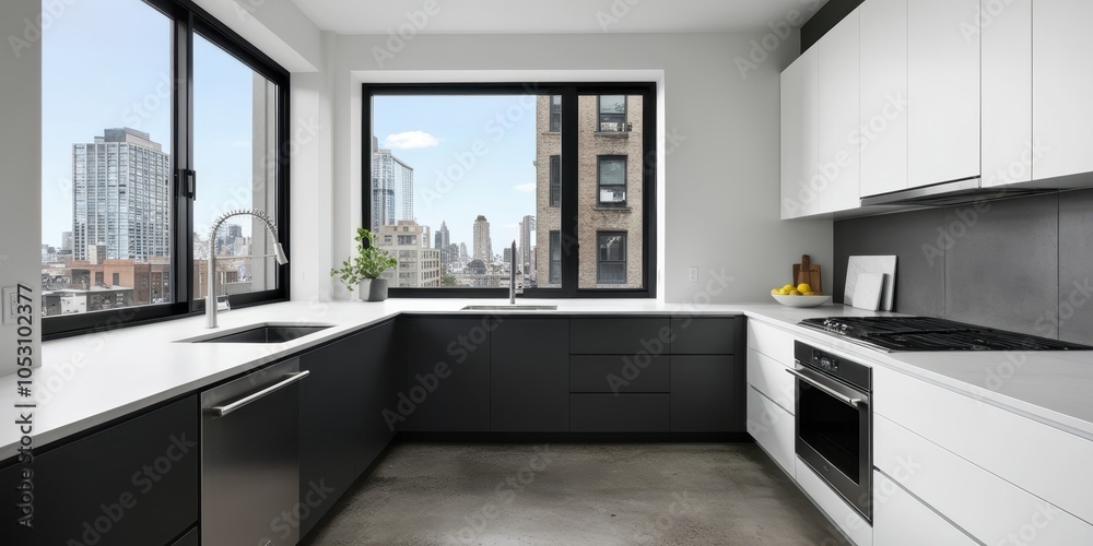 Fototapeta premium Modern minimalist kitchen, white and gray cabinets, stainless steel appliances, city skyline view, large window, sleek design, open concept, marble flooring, pendant lights, urban apartment, contempor