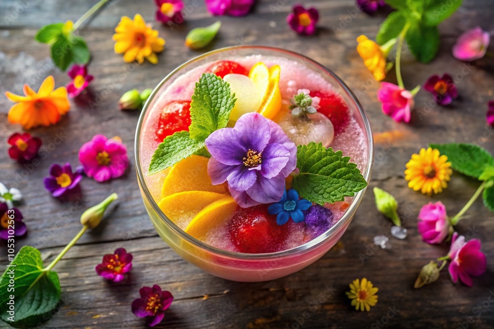 A colorful frozen drink in a shallow bowl with edible flowers and leaves surrounding it, summer treats, colorful drinks, bowls, garnishes A colorful frozen drink in a shallow bowl with edible flowers and leaves surrounding it, summer treats, colorful drinks, bowls, garnishes