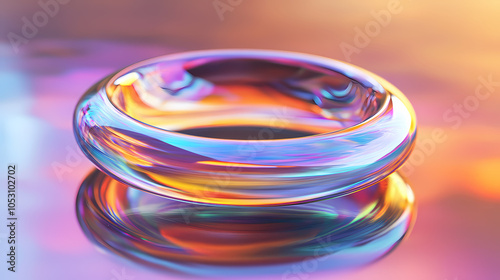 A halo of floating 3d ellipses with a shimmering, iridescent finish and a radiant light effect. Opalescent Finish. Illustration