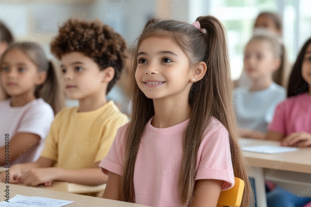 A cheerful girl in a classroom setting, engaged and attentive with classmates, representing learning and childhood joy.