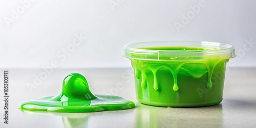 A container filled with dripping slime is placed on an isolated white surface, with a small puddle of slime forming at its base, wet, isolated, dripping slime, puddle, liquid