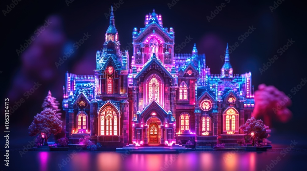 Obraz premium A miniature gothic castle illuminated with neon lights.