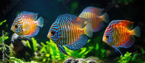 Four colorful discus fish swim through a planted aquarium.