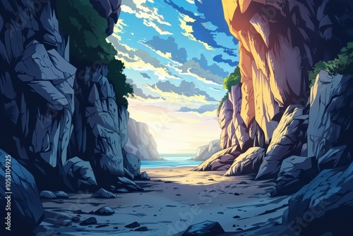 A Rocky Beach Gateway to a Sunset Sea