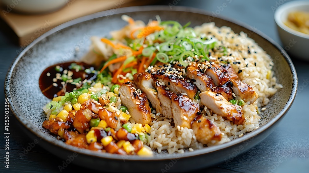 A plate of yakimeshi, Japanese fried rice with vegetables, chicken, and soy sauce.
A plate of yakimeshi, Japanese fried rice with vegetables, chicken, and soy sauce.