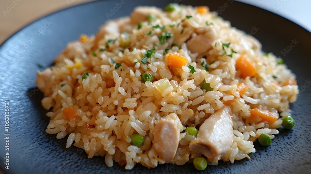 A plate of yakimeshi, Japanese fried rice with vegetables, chicken, and soy sauce.
A plate of yakimeshi, Japanese fried rice with vegetables, chicken, and soy sauce.