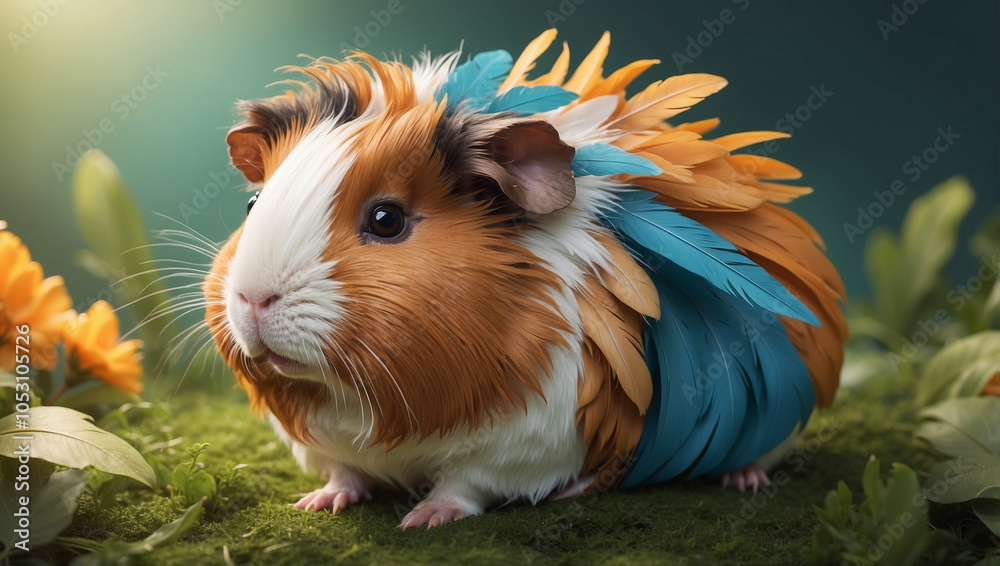A cute guinea pig wearing feathers sits on green moss in front of a flower. A cute guinea pig wearing feathers sits on green moss in front of a flower.