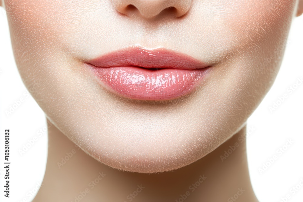 Close-up of a woman's lips and chin with a natural, fresh look on a white isolated background. Close-up of a woman's lips and chin with a natural, fresh look on a white isolated background.