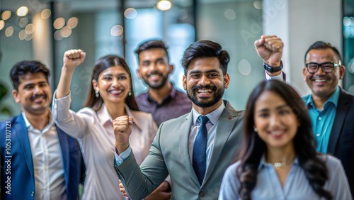 A group of Indian professionals celebrating a milestone, with a soft blur of the office behind.
