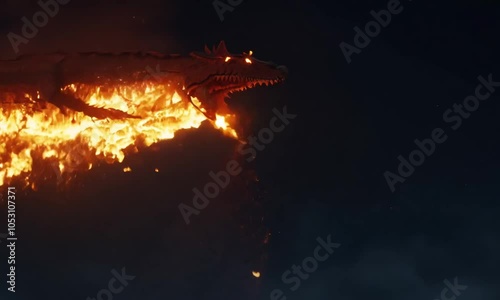 Breath of fire explodes from a giant dragon in a black night in the epic battle. Generative AI