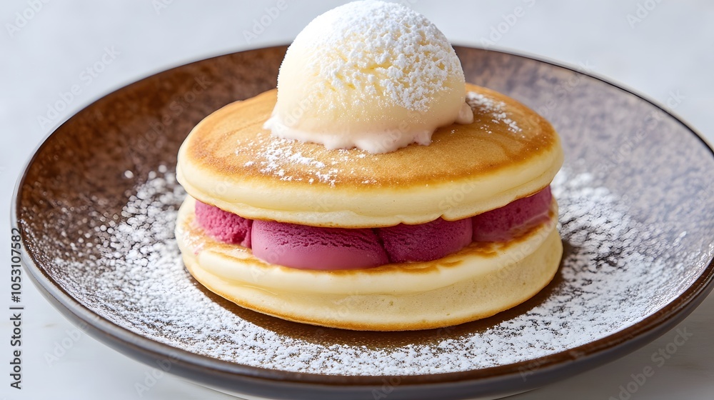 A serving of dorayaki ice cream, fluffy pancakes filled with ice cream instead of red bean paste.
A serving of dorayaki ice cream, fluffy pancakes filled with ice cream instead of red bean paste.