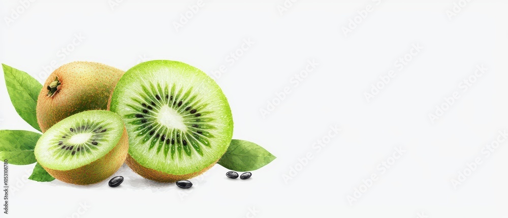 Fototapeta premium Fresh kiwi fruits with leaves on a white isolated background.