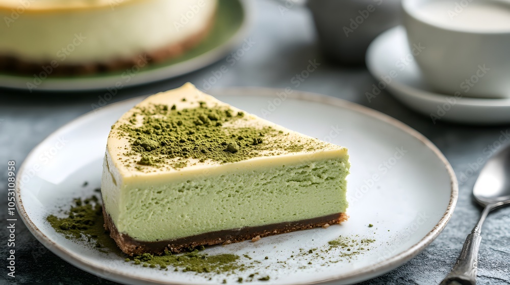 A serving of matcha cheesecake, a creamy dessert infused with rich matcha green tea flavor.
A serving of matcha cheesecake, a creamy dessert infused with rich matcha green tea flavor.