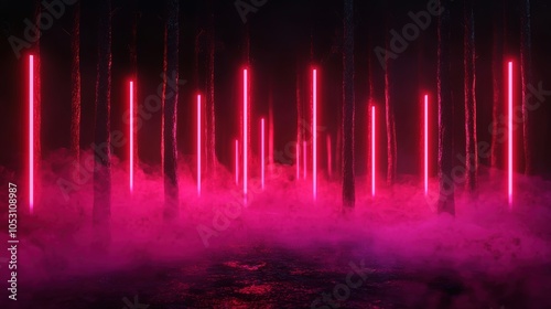 A dark forest with red lights and smoke photo