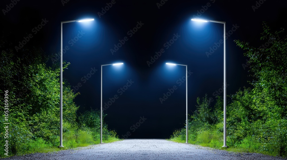 Illuminated street lamps at night on a dimly lit road surrounded by greenery. Illuminated street lamps at night on a dimly lit road surrounded by greenery.