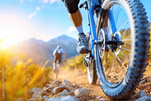 A close-up of a mountain bike wheel on a scenic trail, showcasing adventure and outdoor exploration in stunning natural light.