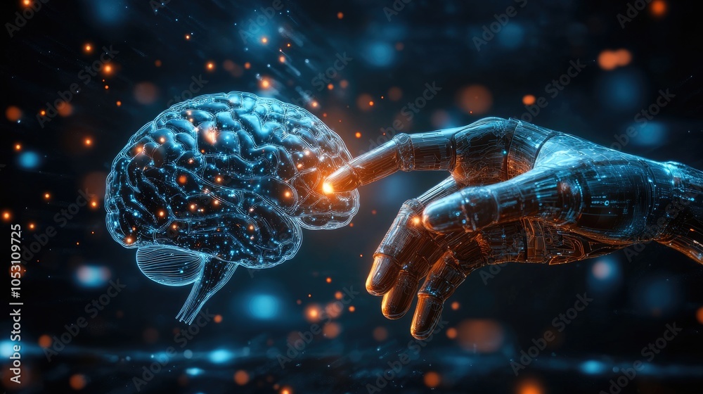 A robotic hand reaches out to touch a glowing human brain, representing the intersection of technology and human intellect. A robotic hand reaches out to touch a glowing human brain, representing the intersection of technology and human intellect.