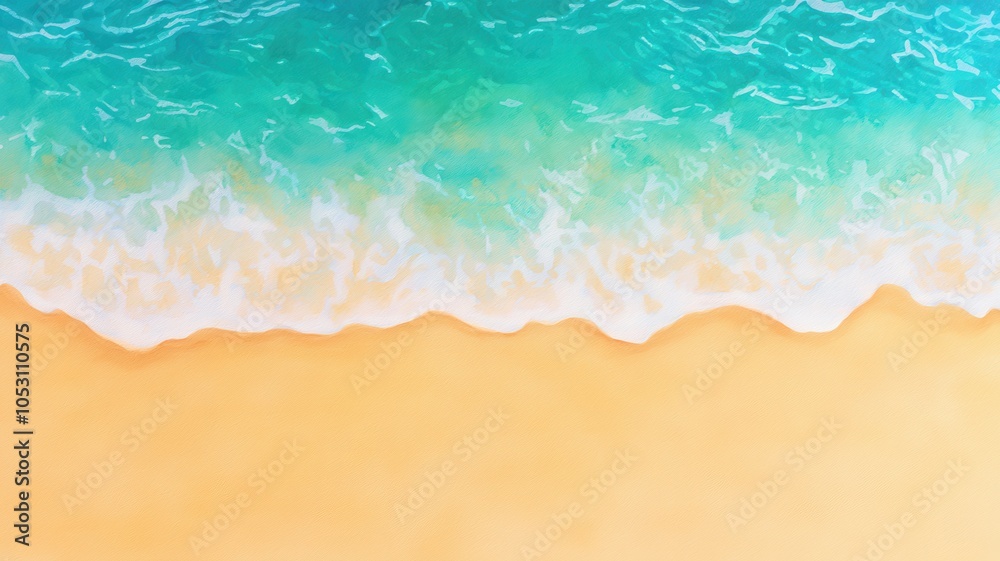 A serene beach scene featuring turquoise waves gently merging with a sandy shore, evoking a sense of tranquility and natural beauty.