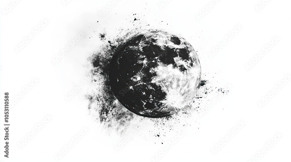 A Detailed Monochrome Depiction of the Moon Surrounded by Dust and Debris A Detailed Monochrome Depiction of the Moon Surrounded by Dust and Debris