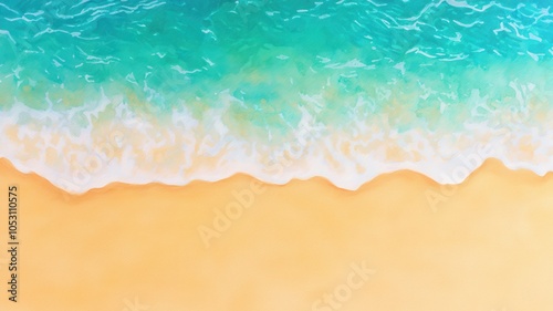 A serene beach scene featuring turquoise waves gently merging with a sandy shore, evoking a sense of tranquility and natural beauty.