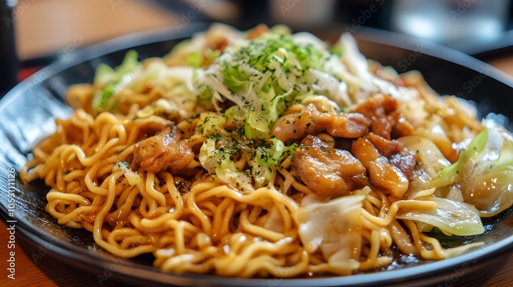 A serving of yakisoba, stir-fried noodles with pork, cabbage, and a savory sauce.
A serving of yakisoba, stir-fried noodles with pork, cabbage, and a savory sauce.