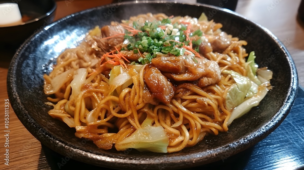 A serving of yakisoba, stir-fried noodles with pork, cabbage, and a savory sauce.
A serving of yakisoba, stir-fried noodles with pork, cabbage, and a savory sauce.