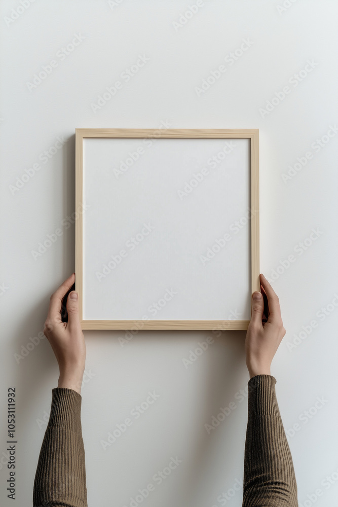 A mockup of an empty wooden frame on the wall with hands holding it A mockup of an empty wooden frame on the wall with hands holding it