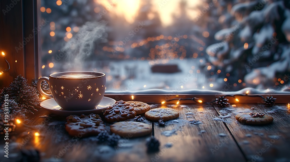 A festive table arrangement with a steaming cup of tea, holiday cookies, glowing Christmas lights, and a snowy scene outside a window, rustic wooden surface, A festive table arrangement with a steaming cup of tea, holiday cookies, glowing Christmas lights, and a snowy scene outside a window, rustic wooden surface,