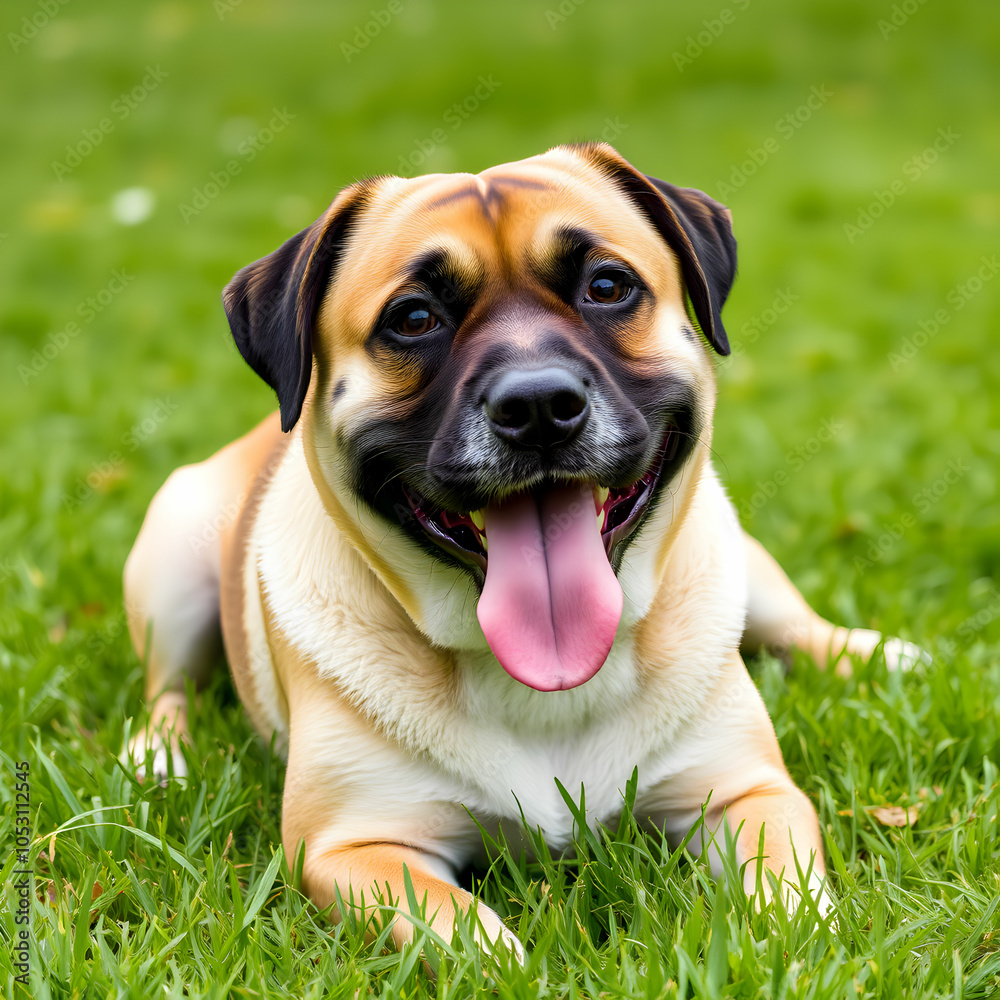 A dog is laying in the grass with his tongue out A dog is laying in the grass with his tongue out