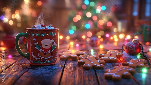 Wallpaper Mural A festive table scene featuring a hot chocolate in a Christmas-themed mug, gingerbread men cookies arranged around, bright colorful lights illuminating the table, Torontodigital.ca