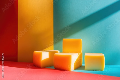 Three Pieces of Yellow Cheese on a Multicolored Background