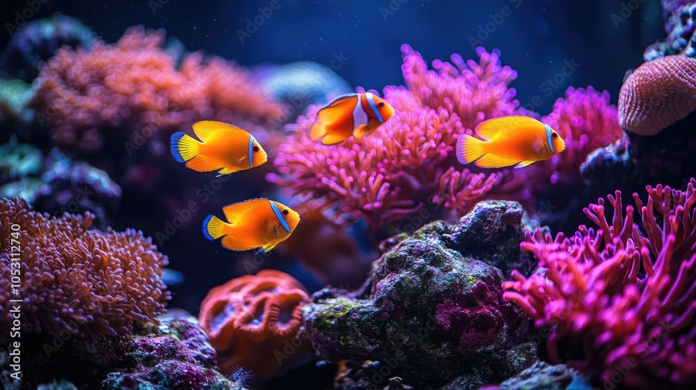 Obraz premium A school of orange and yellow fish swim among pink and purple coral in a vibrant underwater scene.