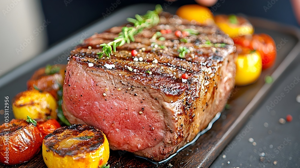 Perfectly grilled beef steak with beautiful char marks served alongside a variety of roasted vegetables on a rustic wooden serving board creating a mouthwatering and appetizing culinary display Perfectly grilled beef steak with beautiful char marks served alongside a variety of roasted vegetables on a rustic wooden serving board creating a mouthwatering and appetizing culinary display