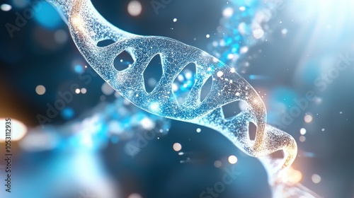 A close-up view of a glowing DNA strand against a soft blue background, representing molecular biology and genetics.